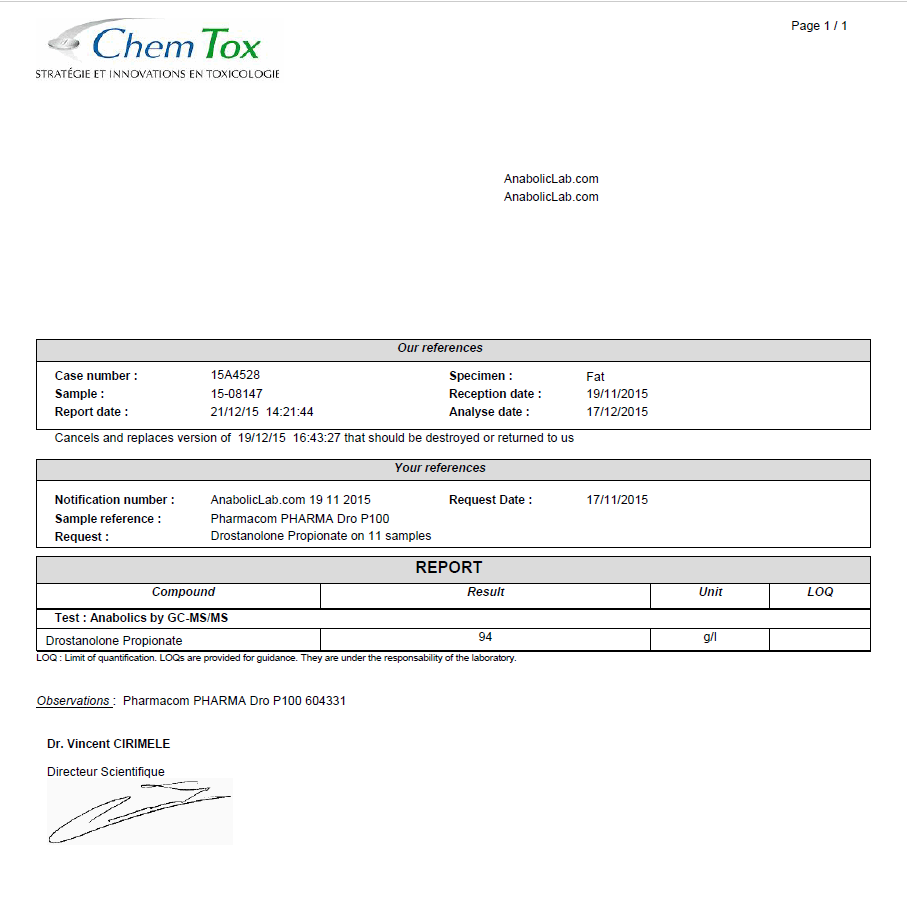 PHARMA DRO P 100 Pharmadro P - dosage report